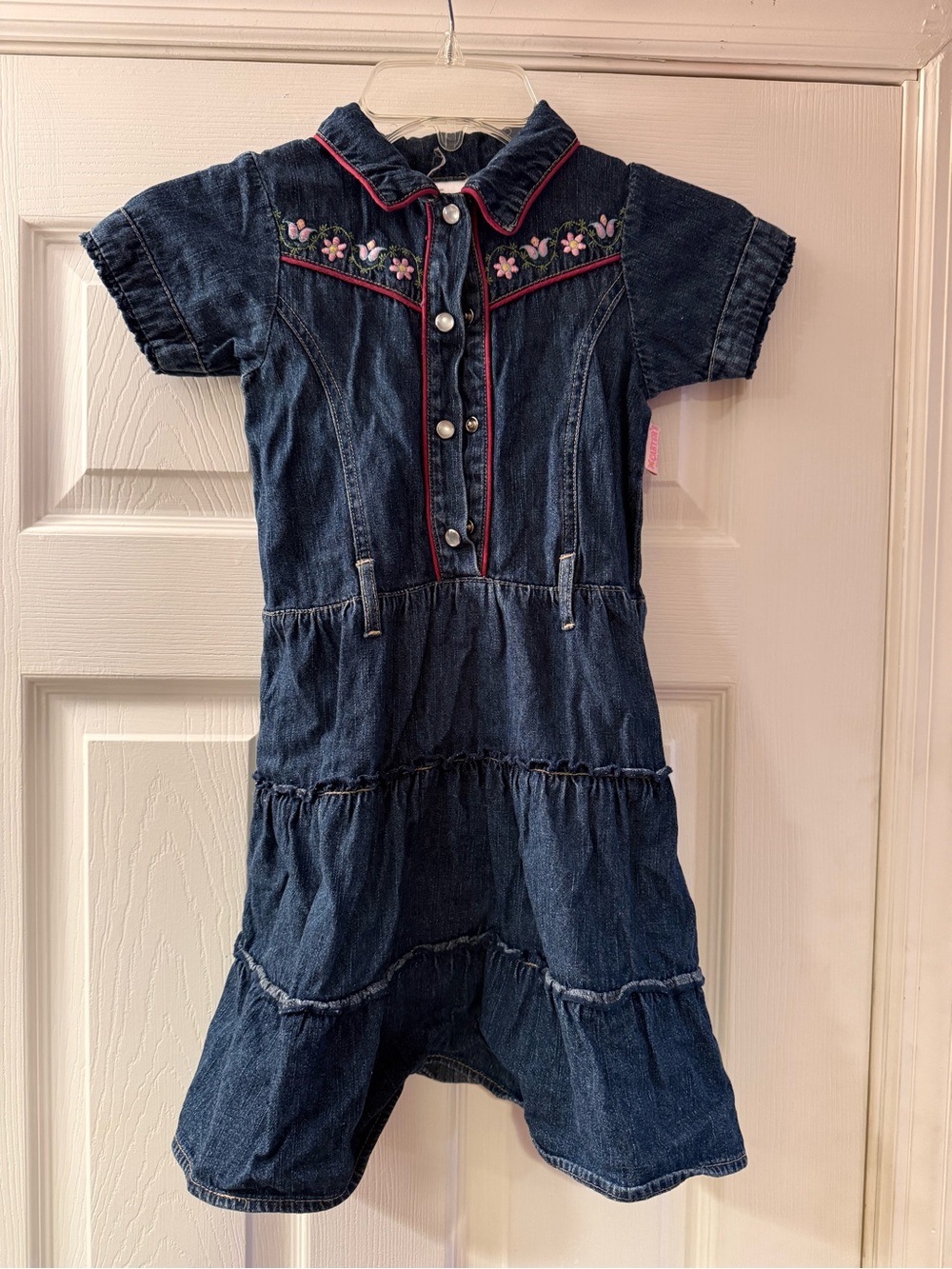 Girls Dark Blue Denim Dress with Pink Floral Embroidery and faux Pearl buttons